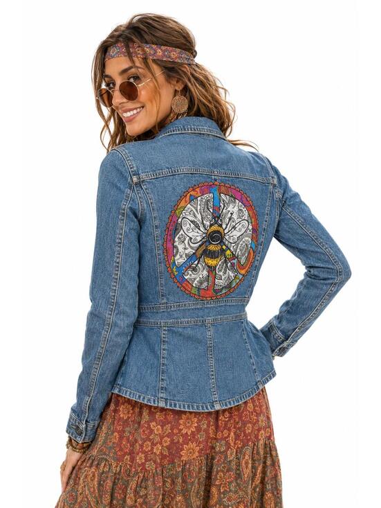 Axcess Jackets & Blazers - Axcess Vintage Y2K Denim Jacket Hand Painted Peace Sign Bee Boho Hippie